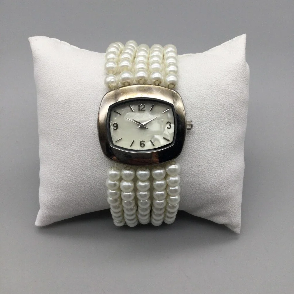 TCZ Womens Watch 31mm White MOP Dial Faux Pearl Band New Battery 7.25